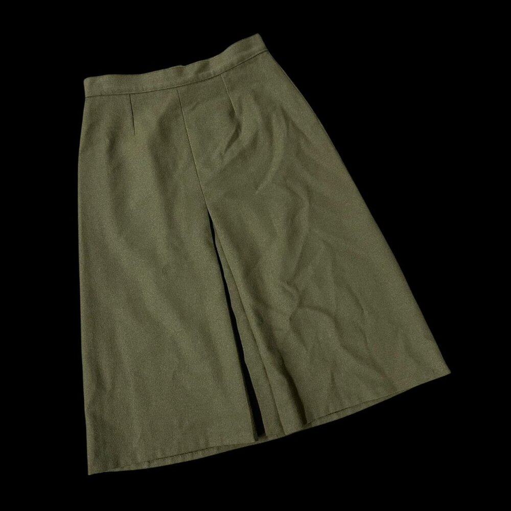Vintage Skirt 1970s Army Green Wool Blend A Line Midi Mid Century Fashion Retro